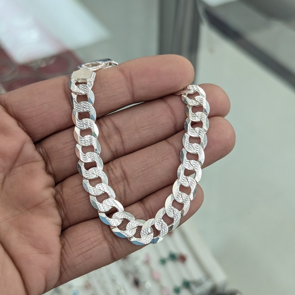 925 Sterling Silver Cuban Curb Diamond Cut Bracelet 9.8 mm 8 Inches